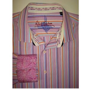 ROBERT GRAHAM Purple, Multi-Color Striped, Contrast Trim Long Sleeve Shirt